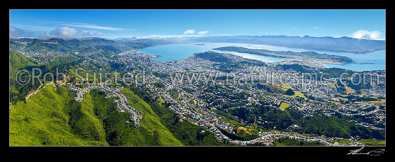 Image of Wellington City aerial view panorama. Karori Sanctuary Zealandia left, City and Harbour centre, Airport right. Wind turbine centre below. Earthquake faultline visible along left of harbour, Wellington City, Wellington City District, Wellington Region, New Zealand (NZ) stock photo image