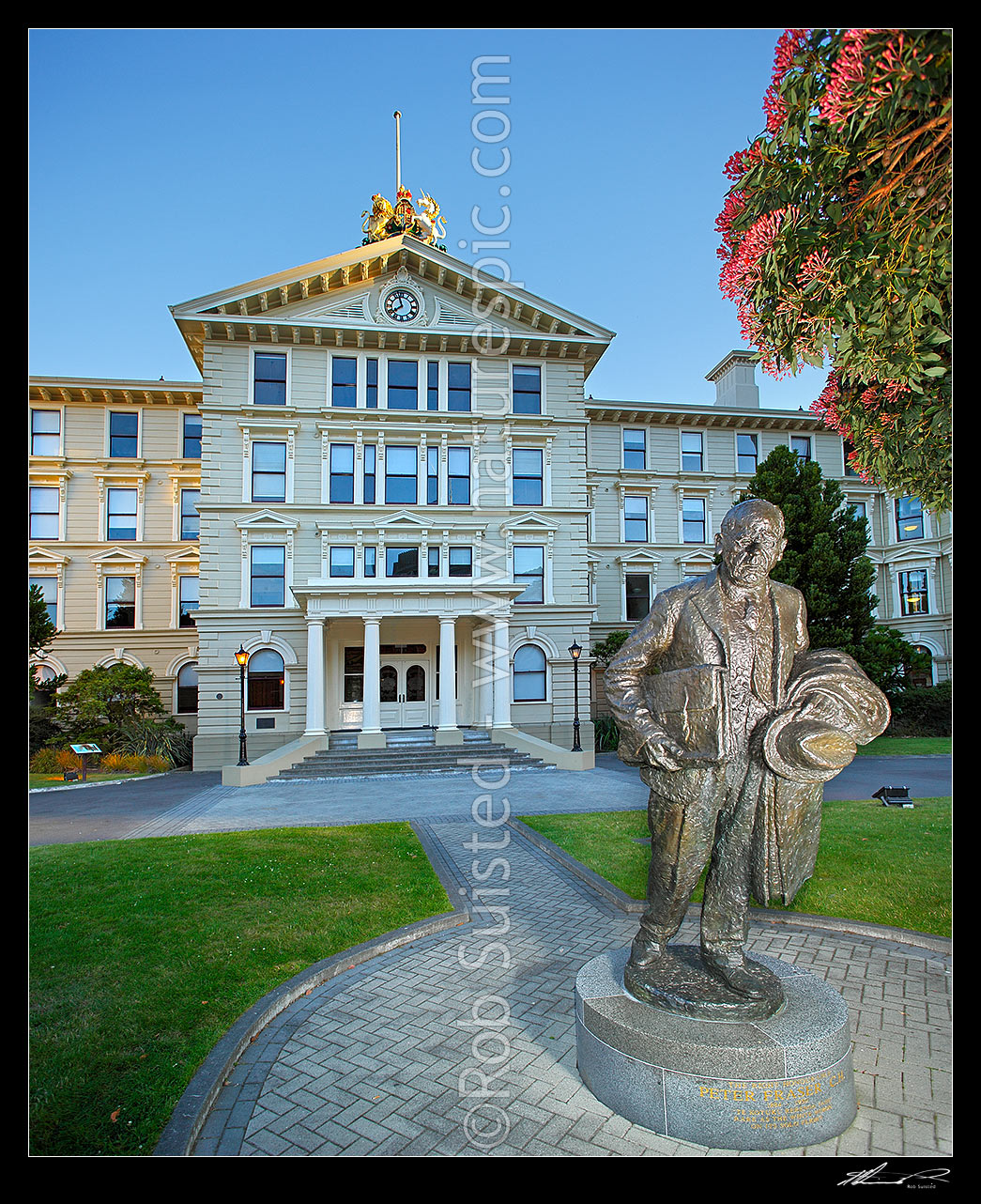 Image of Historic Old Government Buildings, with The Right Honourable Peter Fraser statue. Completed 1876, largest wooden building in Southern Hemisphere, 2nd in world, Wellington, Wellington City District, Wellington Region, New Zealand (NZ) stock photo image