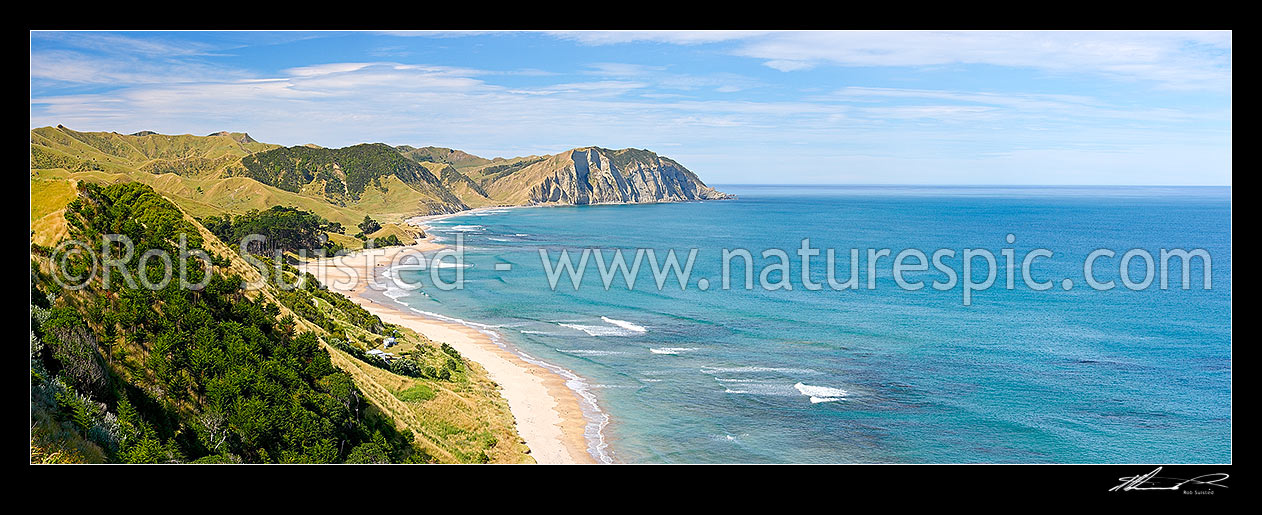 Image of Waihau Bay and Waihau Beach panorama in summer, Tolaga Bay, Gisborne District, Gisborne Region, New Zealand (NZ) stock photo image