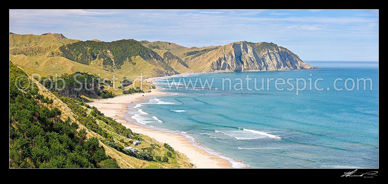 Image of Waihau Bay and Waihau Beach panorama in summer, Tolaga Bay, Gisborne District, Gisborne Region, New Zealand (NZ) stock photo image