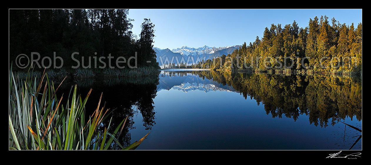 Image of Lake Matheson. Morning calm reflections on lake with Aoraki / Mount Cook (right;3754m) and Mount Tasman (left;3498m). Panorama. South Westland, Westland National Park, Westland District, West Coast Region, New Zealand (NZ) stock photo image