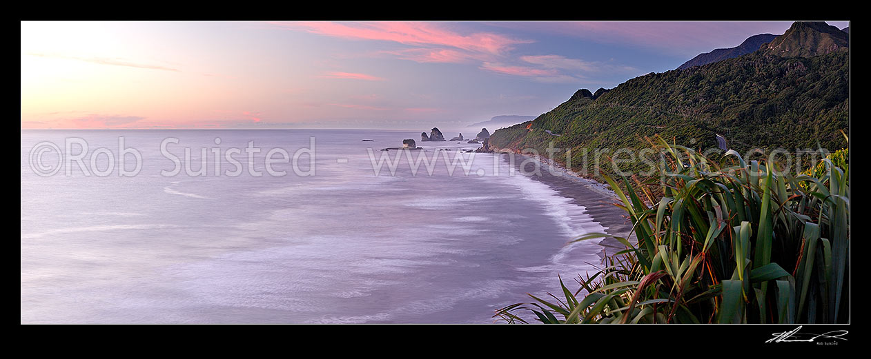 Image of Rugged West Coast coastline near Motukiekie Rocks (Ten Mile Creek / Waianiwaniwa) at sunset. Paparoa Ranges beyond, Rapahoe, Grey District, West Coast Region, New Zealand (NZ) stock photo image