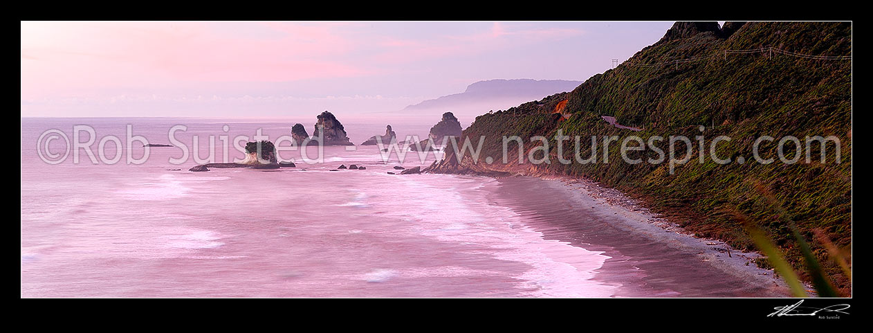 Image of Rugged West Coast coastline near Motukiekie Rocks (Ten Mile Creek / Waianiwaniwa) at sunset. Paparoa Ranges beyond, Rapahoe, Grey District, West Coast Region, New Zealand (NZ) stock photo image