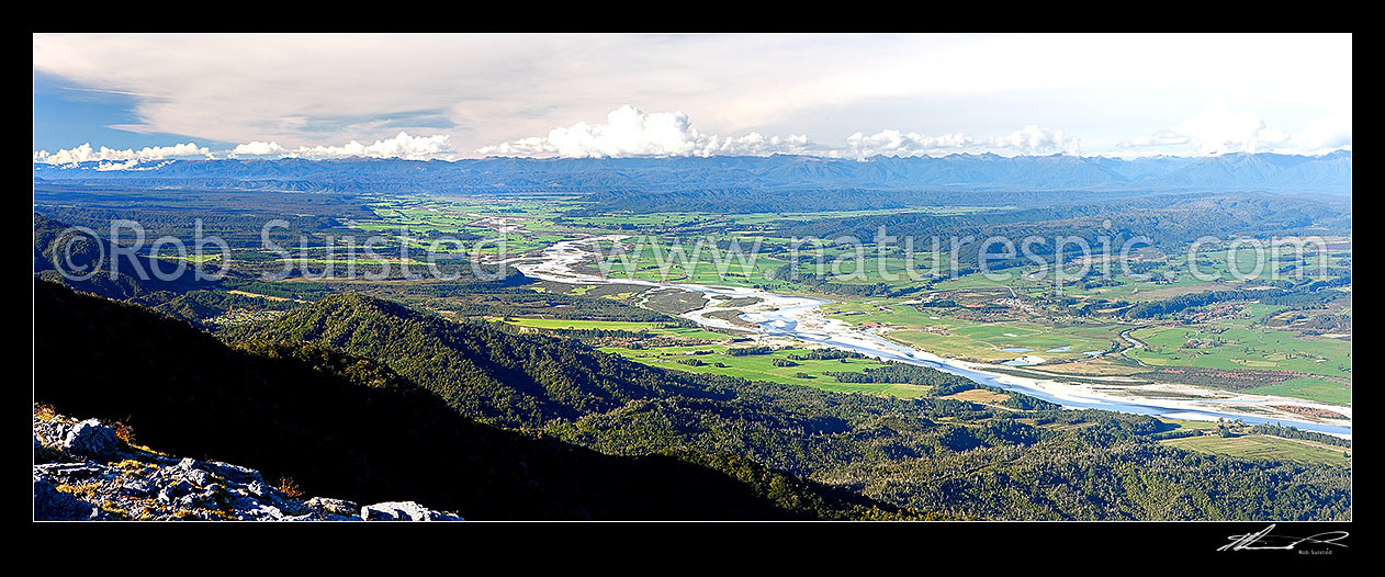 Image of Grey River valley panorama with towns of Blackball, Ahaura, Nelson Creek, Ngahere, below the Paparoa Range (left). Victoria Range distant right, Grey Valley, Grey District, West Coast Region, New Zealand (NZ) stock photo image