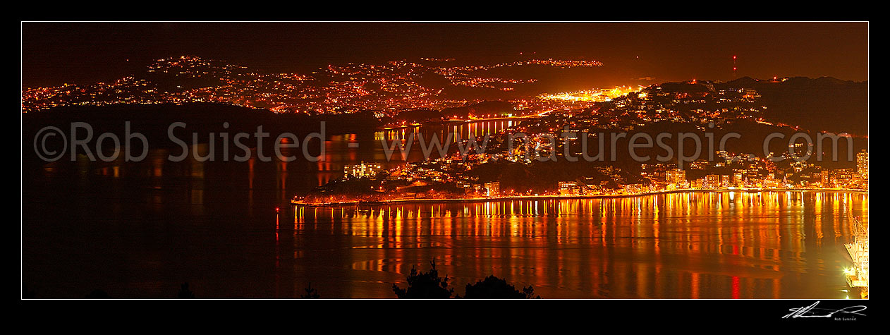 Image of Wellington City and harbour at night. Oriental Bay, Evans Bay, Mount Victoria, and Miramar Peninsula glowing with lights after dark. Panorama, Wellington, Wellington City District, Wellington Region, New Zealand (NZ) stock photo image