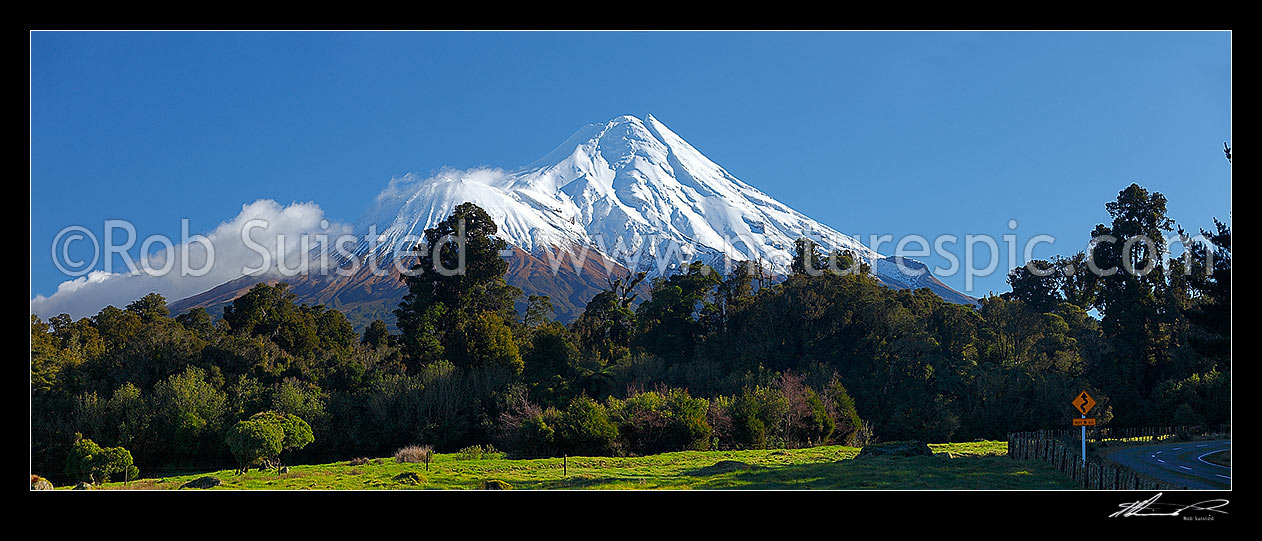 Image of Mount Taranaki / Mt Egmont (2518m), volcanic cone in winter. Panorama, Egmont National Park, Taranaki, Stratford District, Taranaki Region, New Zealand (NZ) stock photo image