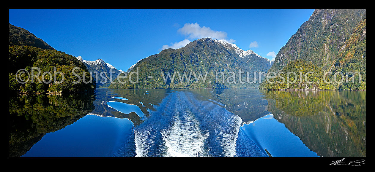 Image of Doubtful Sound on a perfect winters day. Looking towards Deep Cove (left), with Hall Arm and Brig Point (right). Panorama, Doubtful Sound, Fiordland National Park, Southland District, Southland Region, New Zealand (NZ) stock photo image