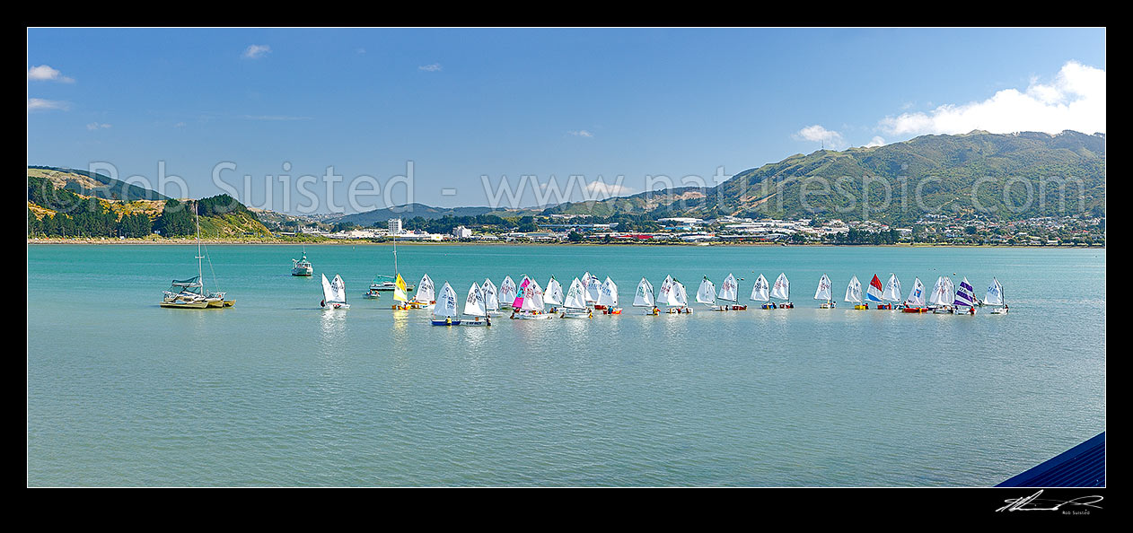 Image of Titahi Bay Boating club optimist class boat racing regatta for young people on Porirua Harbour, with city beyond. Colonial Knob in distance, Titahi Bay, Porirua City District, Wellington Region, New Zealand (NZ) stock photo image