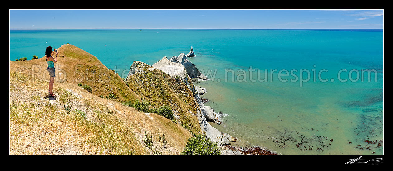 Image of Visitor to Cape Kidnappers, taking photos of the Saddle Gannet Colony and azure blue sea. Summer panorama, Cape Kidnappers, Hastings District, Hawke's Bay Region, New Zealand (NZ) stock photo image