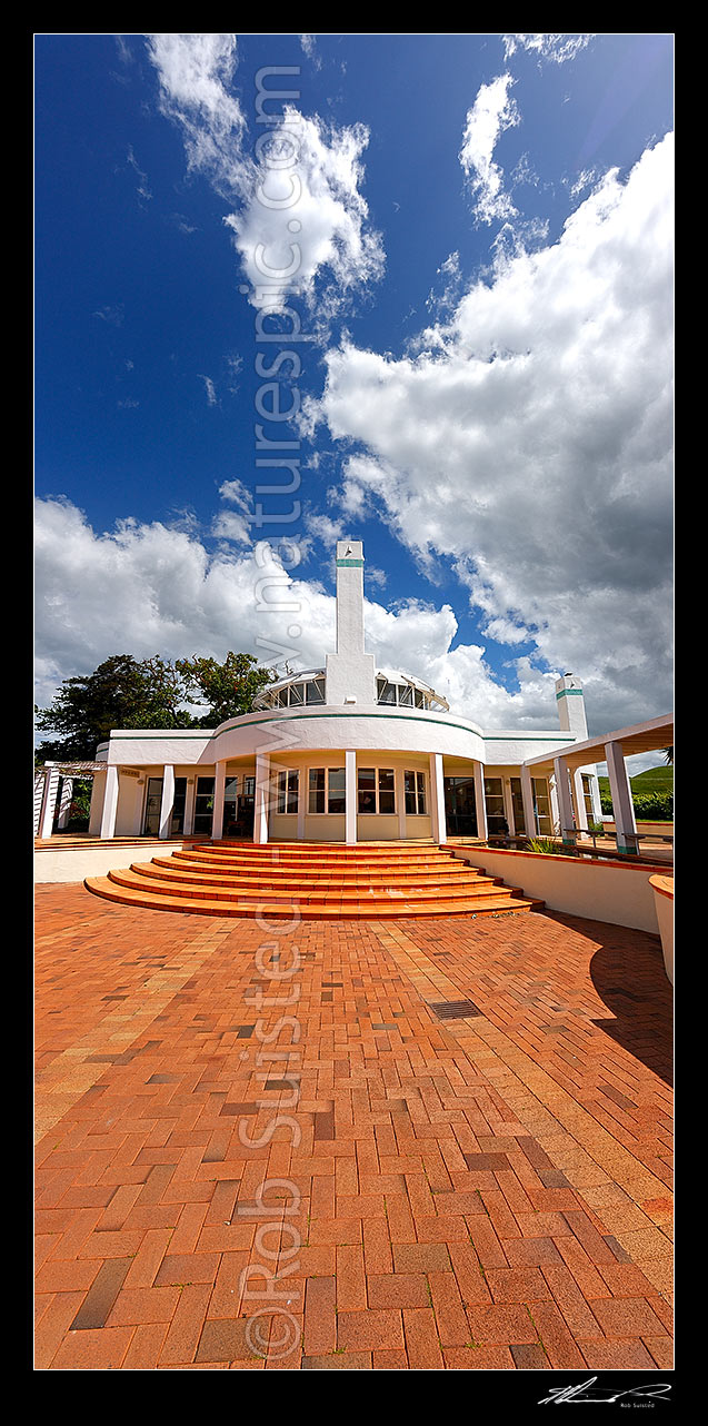 Image of Te Mata Estate Winery modern complex building by architect lan Athfield. Vertical panorama, Havelock North, Hastings District, Hawke's Bay Region, New Zealand (NZ) stock photo image