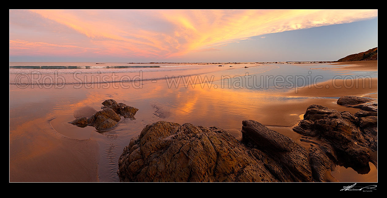 Image of Port Awanui sunset panorama at beach near East Cape, Eastland, Port Awanui, East Coast, Gisborne District, Gisborne Region, New Zealand (NZ) stock photo image