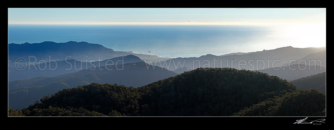 Image of Rapahoe Coast from the Papaora Range and Sewell Peak. Rapahoe Range & Runanga township left, Point Elizabeth, Big Rock, Seven Mile Creek. Panorama, Greymouth, Grey District, West Coast Region, New Zealand (NZ) stock photo image