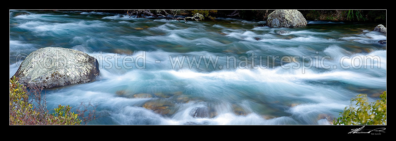 Image of Buller River passing through rapids and rocks near Lake Rotoiti and its headwaters. Panorama, Nelson Lakes National Park, Tasman District, Tasman Region, New Zealand (NZ) stock photo image