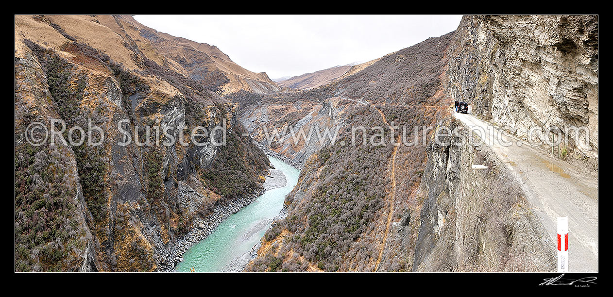 Image of Shotover River below Skippers Road and Pinchers Bluff; panorama, Queenstown, Queenstown Lakes District, Otago Region, New Zealand (NZ) stock photo image