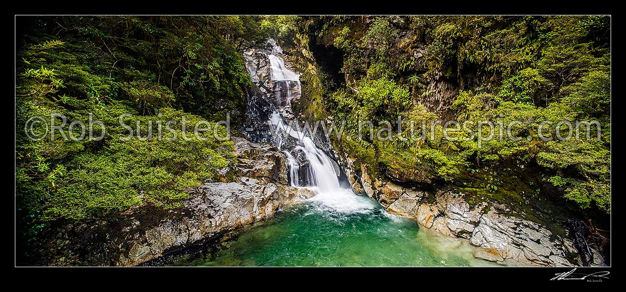 Image of Christie Falls. Falls Creek waterfalls in the Hollyford River Valley, enroute to Milford Sound; panorama, Fiordland National Park, Southland District, Southland Region, New Zealand (NZ) stock photo image