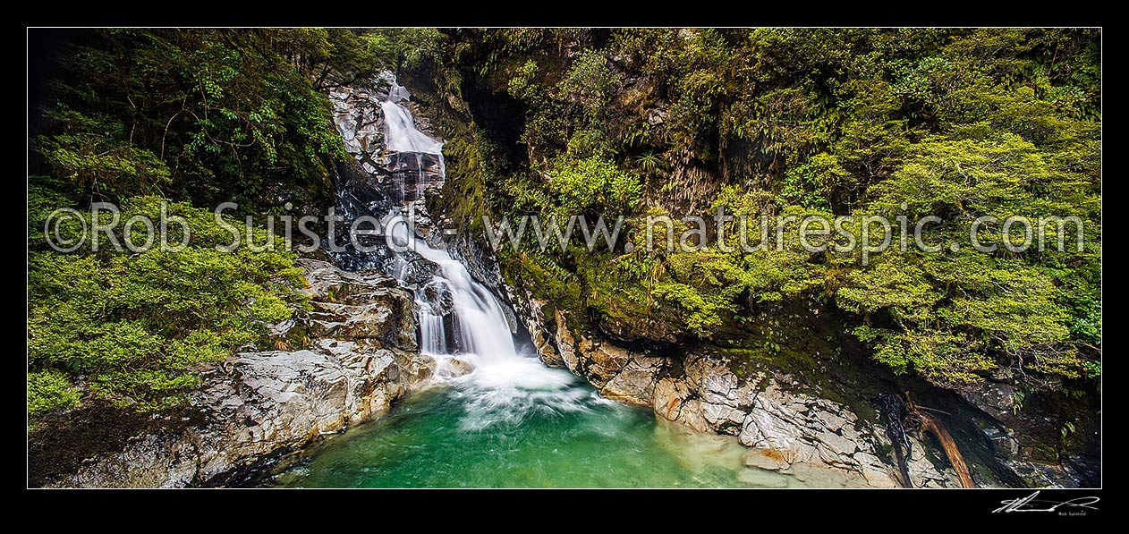 Image of Christie Falls. Falls Creek waterfalls in the Hollyford River Valley, enroute to Milford Sound; panorama, Fiordland National Park, Southland District, Southland Region, New Zealand (NZ) stock photo image