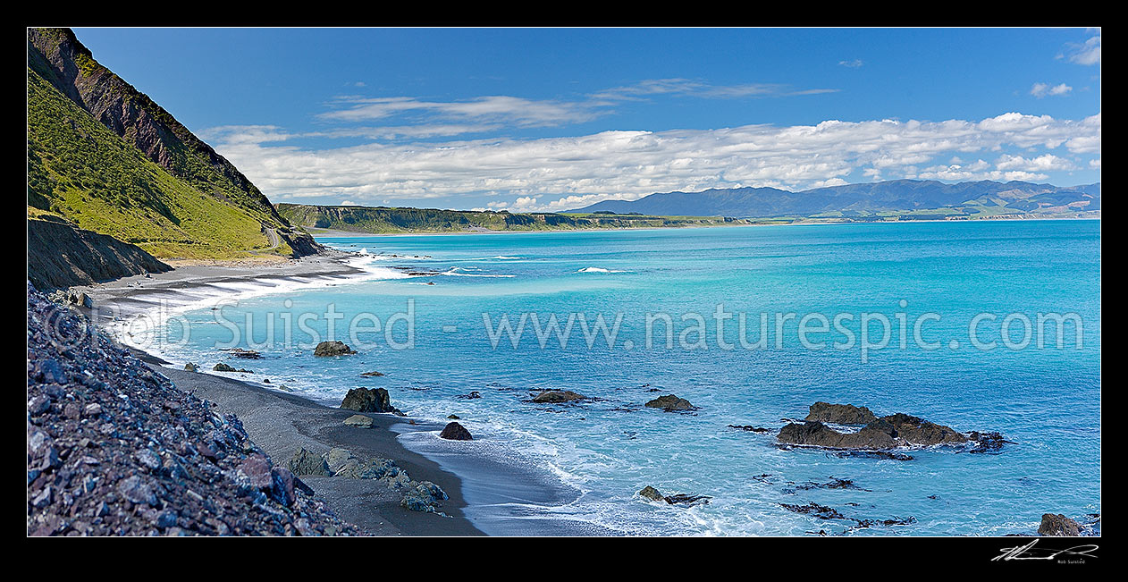 Image of Palliser Bay coast panorama looking towards Ocean Beach. Aorangi Haurangi Range beyond, Ocean Beach, South Wairarapa District, Wellington Region, New Zealand (NZ) stock photo image