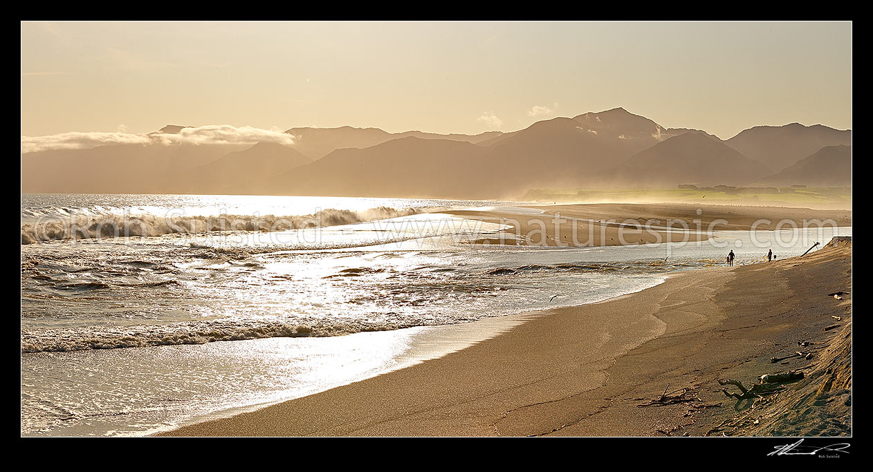 Image of Lake Onoke entrance and Ruamahanga River mouth in Palliser Bay with whitebaiters in evening. Remutaka (Rimutaka) Ranges and Mt Matthews beyond, Lake Ferry, South Wairarapa District, Wellington Region, New Zealand (NZ) stock photo image