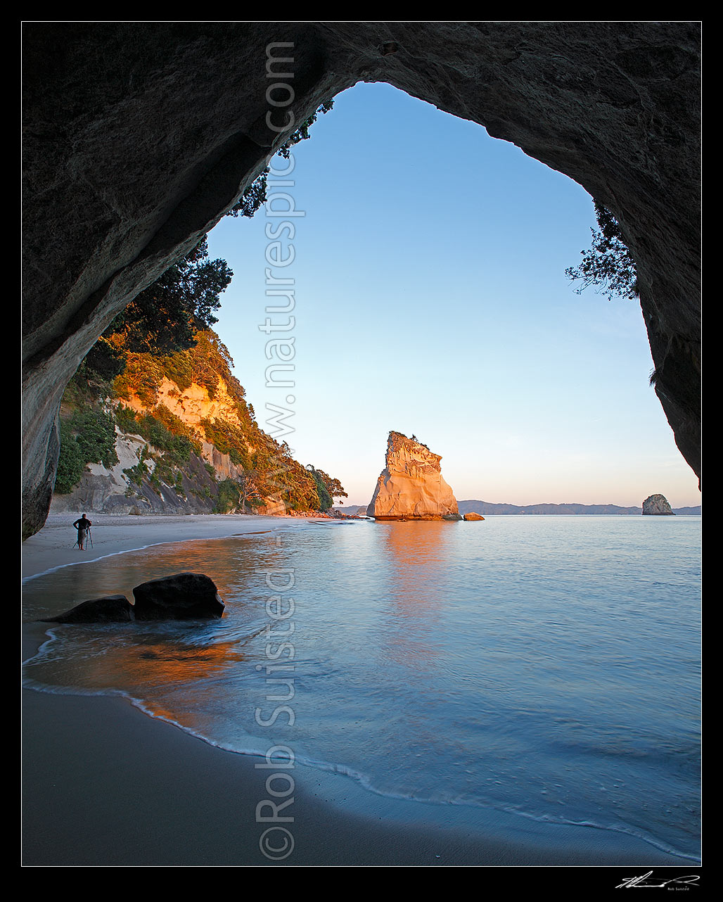 Image of Cathedral Cove peaceful sunrise morning, looking through rock tunnel or cave. Coromandel Peninsula. Photographer photographing the dawn, Hahei, Coromandel Peninsula, Thames-Coromandel District, Waikato Region, New Zealand (NZ) stock photo image