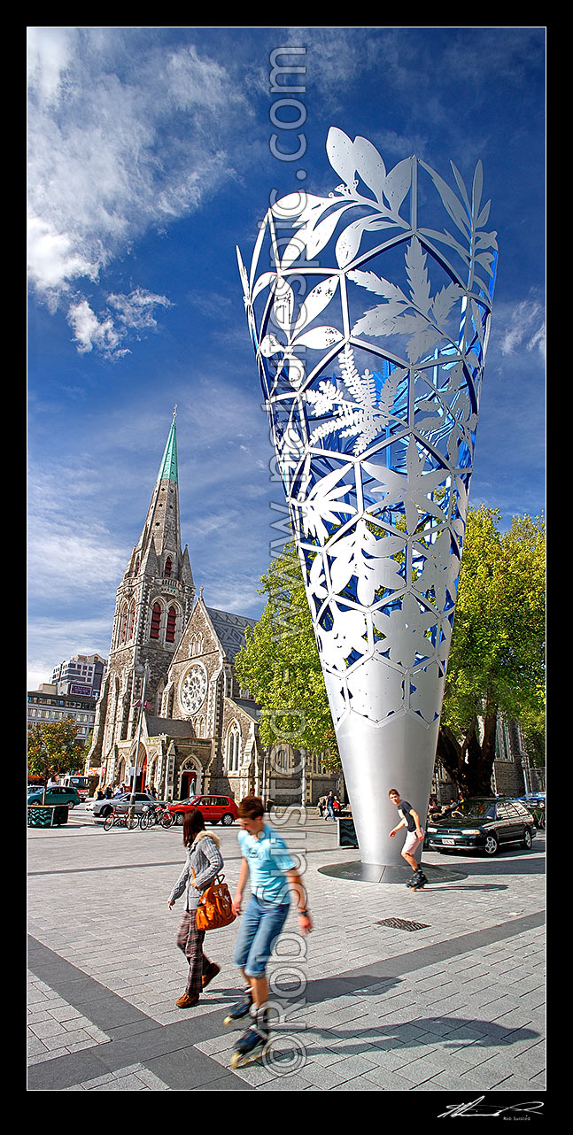 Image of Christchurch Cathedral in Cathedral Square with Neil Dawson Chalice sculpture. Vertical panorama, Christchurch, Christchurch City District, Canterbury Region, New Zealand (NZ) stock photo image