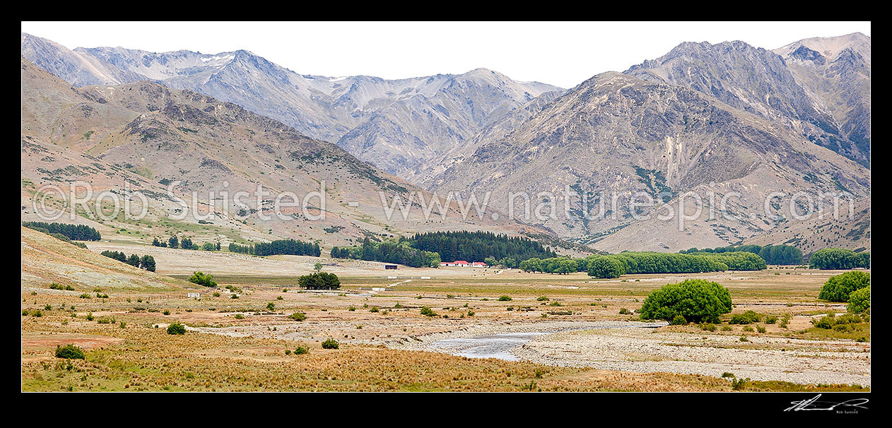 Image of Tarndale Station in the Alma River valley. Balaclava Ridge and Cat Creek behind. Mount Tarndale right. Panorama, Molesworth Station, Marlborough District, Marlborough Region, New Zealand (NZ) stock photo image