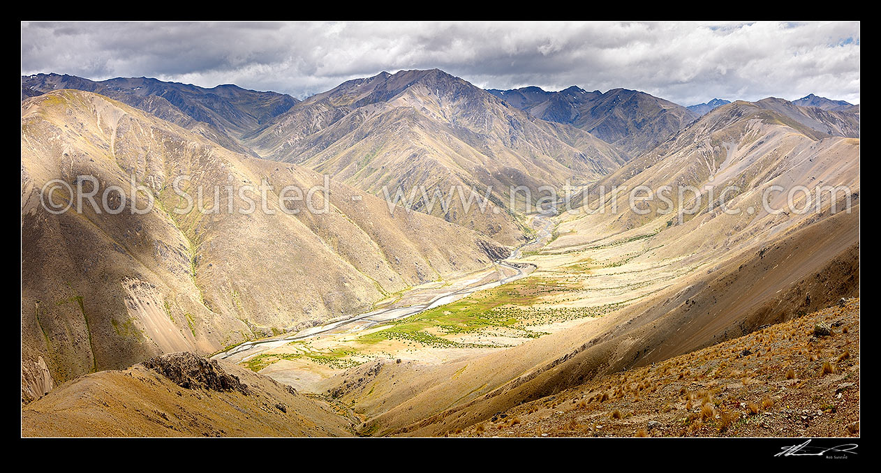 Image of Saxton River valley with Team Stream entering centre left. Panorama, Molesworth Station, Marlborough District, Marlborough Region, New Zealand (NZ) stock photo image