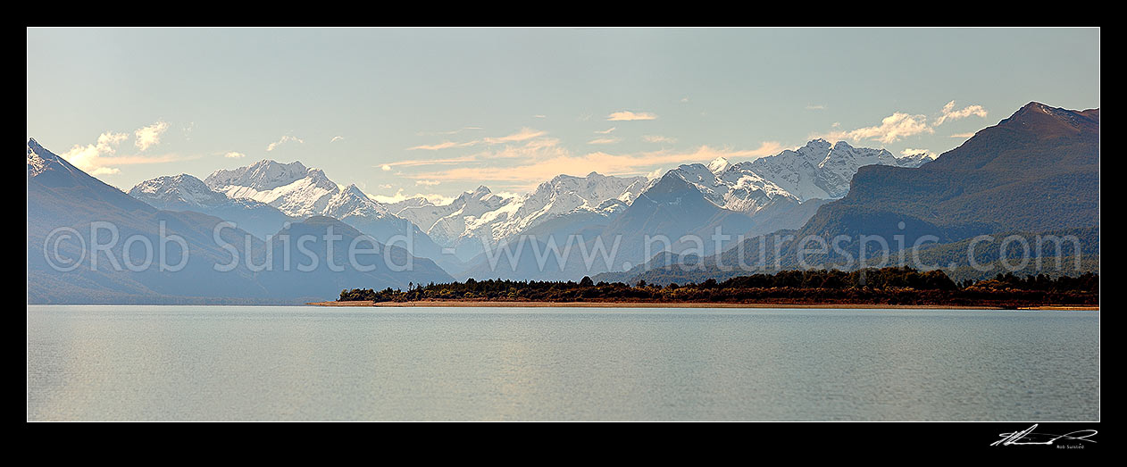 Image of Looking up Lake Te Anau, past Welcome Point to the Earl and Wick Mountains at the head, near the Milford Track start. Panorama. Te Anau Downs, Fiordland National Park, Southland District, Southland Region, New Zealand (NZ) stock photo image