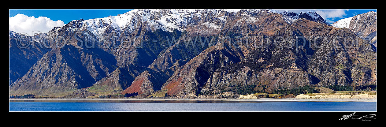 Image of Lake Hawea with rugged Breast Hill Range above Gladstone. Bushy Creek centre left. Panorama, Gladstone, Lake Hawea, Queenstown Lakes District, Otago Region, New Zealand (NZ) stock photo image