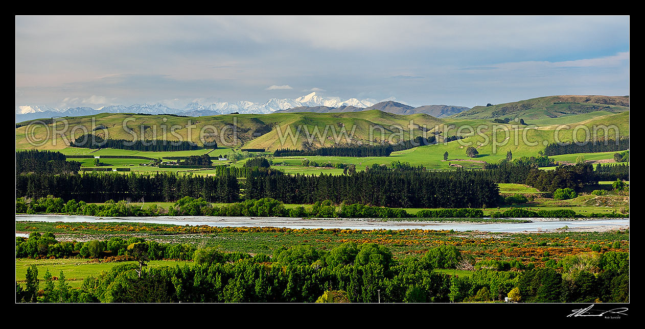 Image of Hurunui River and farmland near Domett, panorama with the Kaikoura Ranges and Mount Tapuae-o-Uenuku (centre) behind, Hurunui Mouth, Hurunui District, Canterbury Region, New Zealand (NZ) stock photo image