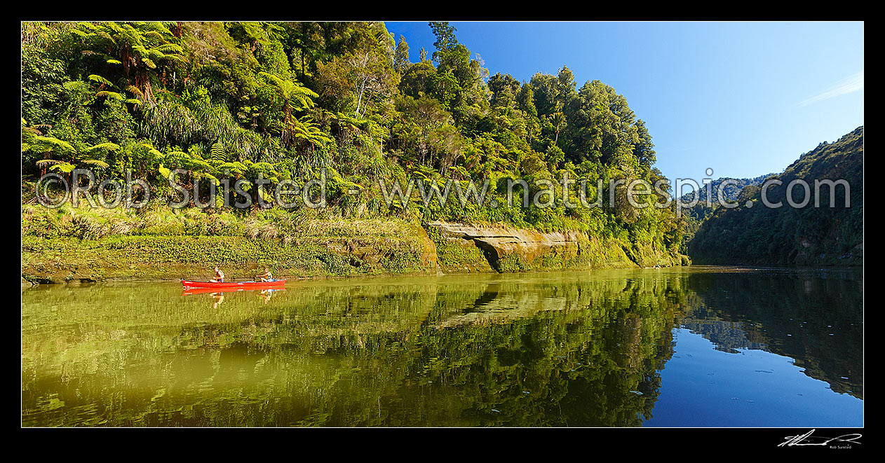 Image of Whanganui River with two canoes paddling downstream. A very popular multi-day trip with visitors canoeing the river. Panorama, Whanganui National Park, Wanganui District, Manawatu-Wanganui Region, New Zealand (NZ) stock photo image