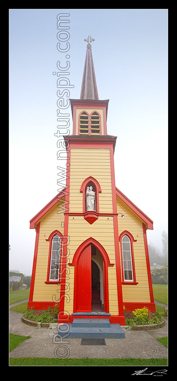 Image of St Joseph's Church built in 1892 at the congregation of the Sisters of Compassion. A Maori mission was begun here by the Catholic Church in 1883, Jerusalem, Hiruharama, Whanganui River, Wanganui District, Manawatu-Wanganui Region, New Zealand (NZ) stock photo image