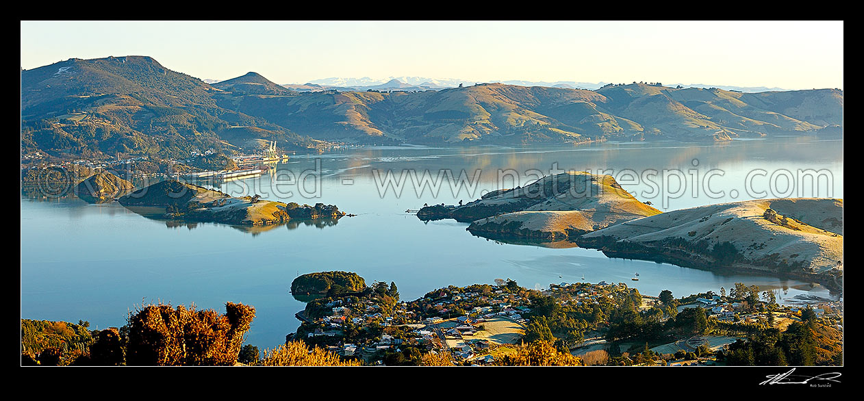 Image of Otago Harbour on frosty winter morning from above Portobello. Port Chalmers left. Panorama, Otago Peninsula, Dunedin City District, Otago Region, New Zealand (NZ) stock photo image