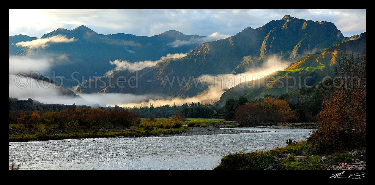 Image of Upper Matakitaki River valley with early morning mist lifting. Panorama, Murchison, Tasman District, Tasman Region, New Zealand (NZ) stock photo image