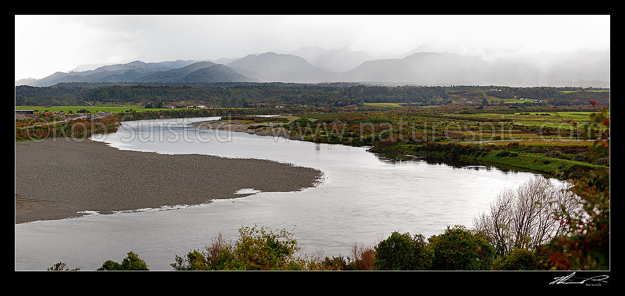 Image of Grey River / Mawheranui near Greymouth, looking north to the Paparoa Ranges. Panorama, Greymouth, Grey District, West Coast Region, New Zealand (NZ) stock photo image