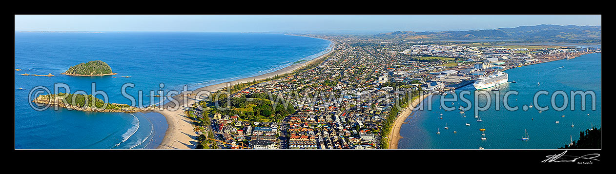 Image of View from Mt Maunganui (232m) over beach and Moturiki and Motuotau Islands, towards Papamoa, Tauranga Harbour right with Diamond Princess cruise ship leaving. Panorama, Mount Maunganui, Tauranga District, Bay of Plenty Region, New Zealand (NZ) stock photo image