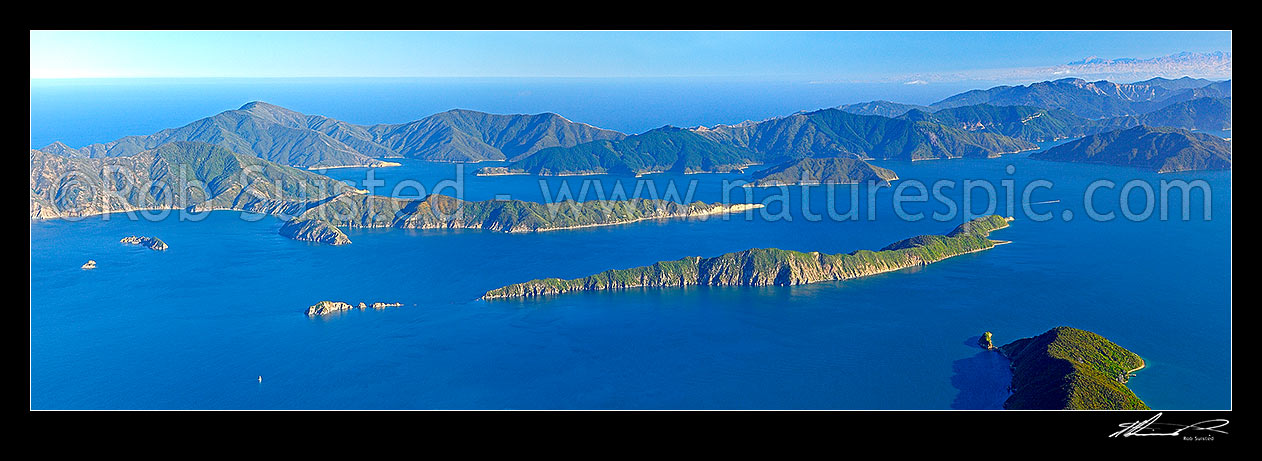 Image of Marlborough Sounds, outer Queen Charlotte Sound, Long Is with Arapawa Island behind. Kaikoura Ranges distant. Aerial panaroma, Marlborough Sounds, Marlborough District, Marlborough Region, New Zealand (NZ) stock photo image