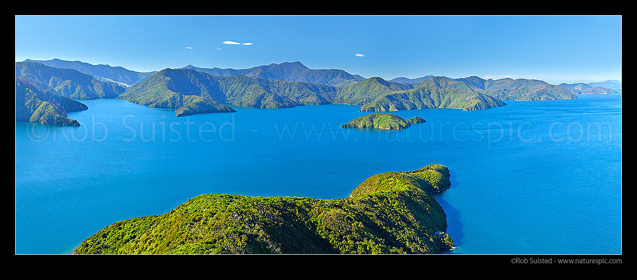 Image of Marlborough Sounds, inner Queen Charlotte Sound from above The Snout, with Allports Island centre. Torea Bay, Kaipakirikiri and Kumutoto Bays left. Aerial panaroma, Marlborough Sounds, Marlborough District, Marlborough Region, New Zealand (NZ) stock photo image