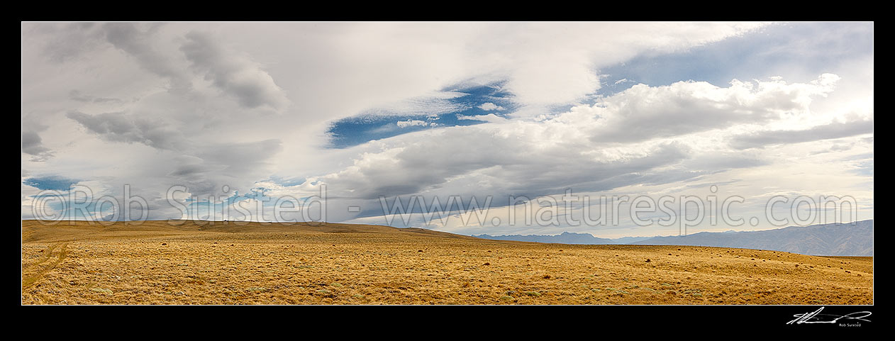 Image of Mount Moka, Bendigo Conservation Area, on the Dunstan Mountains Range. Alpine and tussock grassland panorama with dramatic clouds and impending snow, Bendigo, Central Otago District, Otago Region, New Zealand (NZ) stock photo image