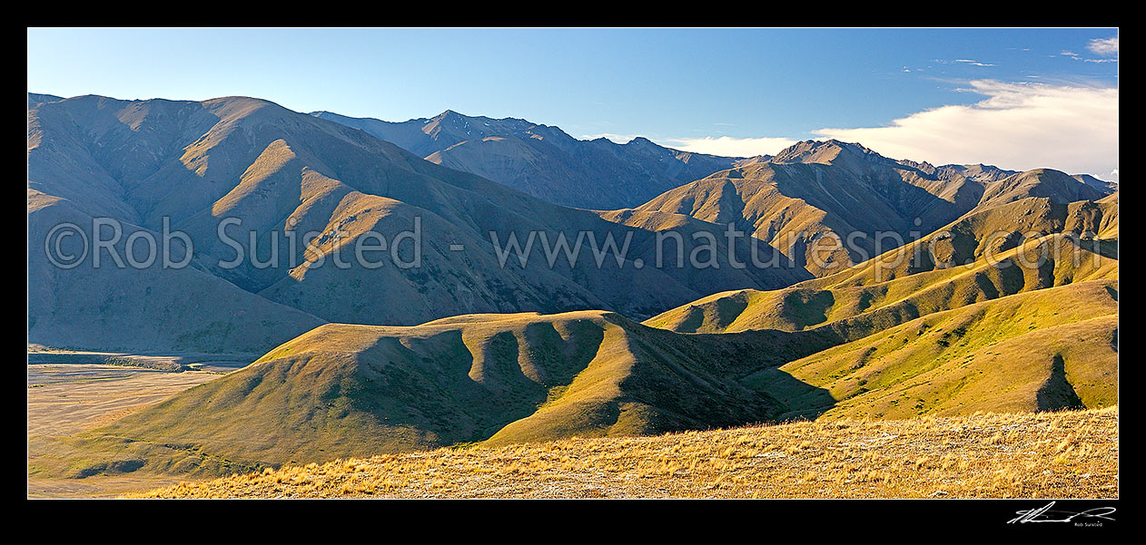 Image of Molesworth Station panorama from above Wards Pass, looking up the Acheron River valley towards Middle Gully and The Muller Station, Molesworth Station, Marlborough District, Marlborough Region, New Zealand (NZ) stock photo image