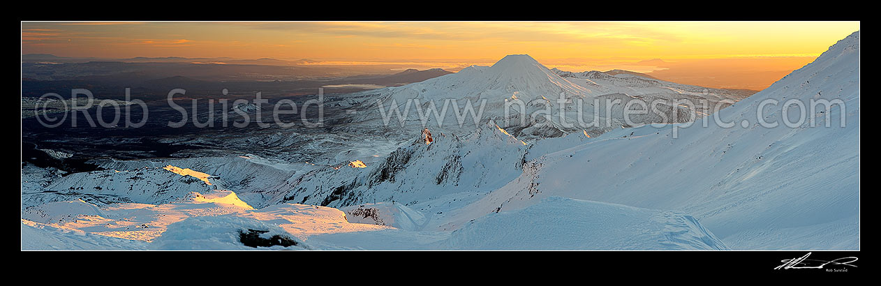 Image of Mount Ngauruhoe sunrise (2287m) from near summit of Mt Ruapehu. Pinnacle Ridge and Whakapapa in foreground. Mt Tongariro (1967m) and Lake Taupo behind. Heavy winter snow. Panorama, Ruapehu District, Manawatu-Wanganui Region, New Zealand (NZ) stock photo image