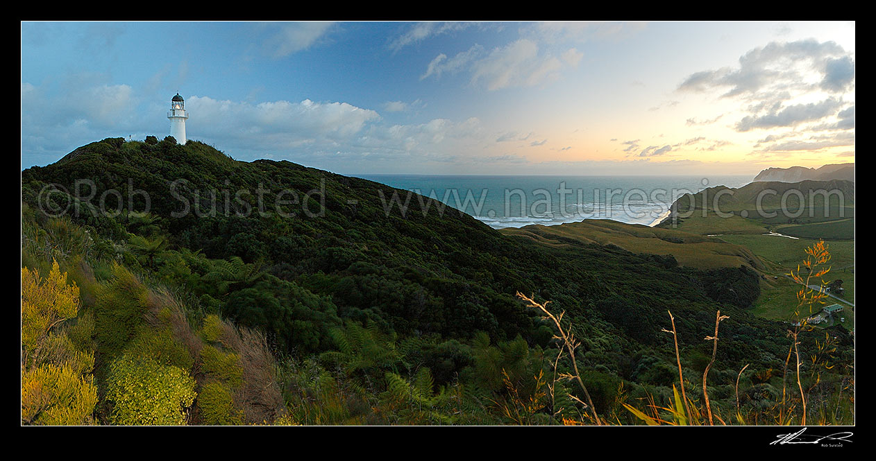 Image of East Cape and lighthouse at sunset, Tunanui Stream and Waikori Bluff distant right. Panorama, East Cape, Gisborne District, Gisborne Region, New Zealand (NZ) stock photo image