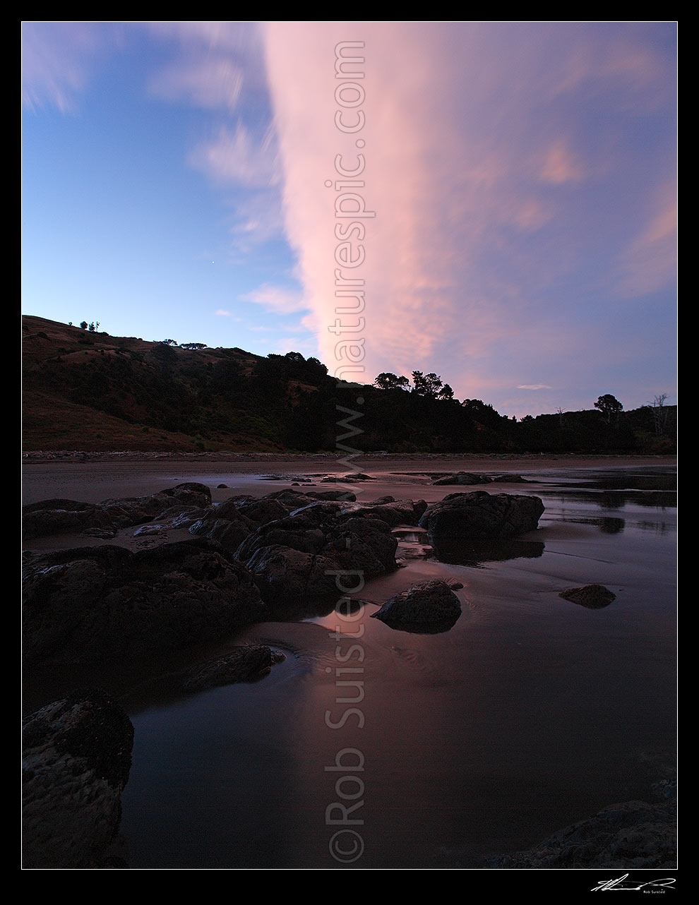 Image of Port Awanui beach and clouds at sunset twilight. Square format, Port Awanui, East Coast, Gisborne District, Gisborne Region, New Zealand (NZ) stock photo image