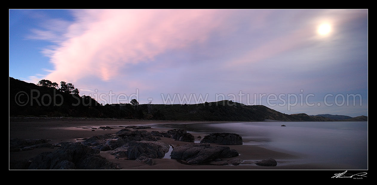 Image of Port Awanui moonrise over Te Wharau Beach. Twilight panorama, Port Awanui, East Coast, Gisborne District, Gisborne Region, New Zealand (NZ) stock photo image