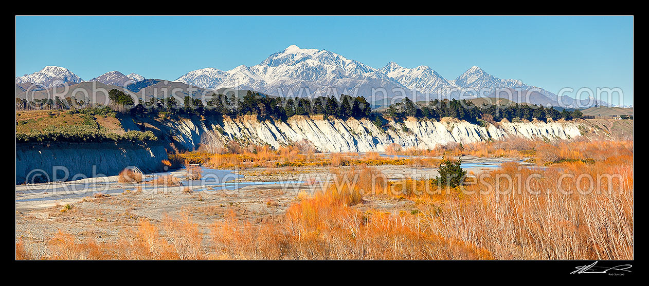 Image of Mount Tapuae-o-uenuku (2885m), Inland Kaikoura Ranges, above the lower Awatere River Valley. Mt Alarm and Mitre Peak right. Panorama, Awatere Valley, Marlborough District, Marlborough Region, New Zealand (NZ) stock photo image