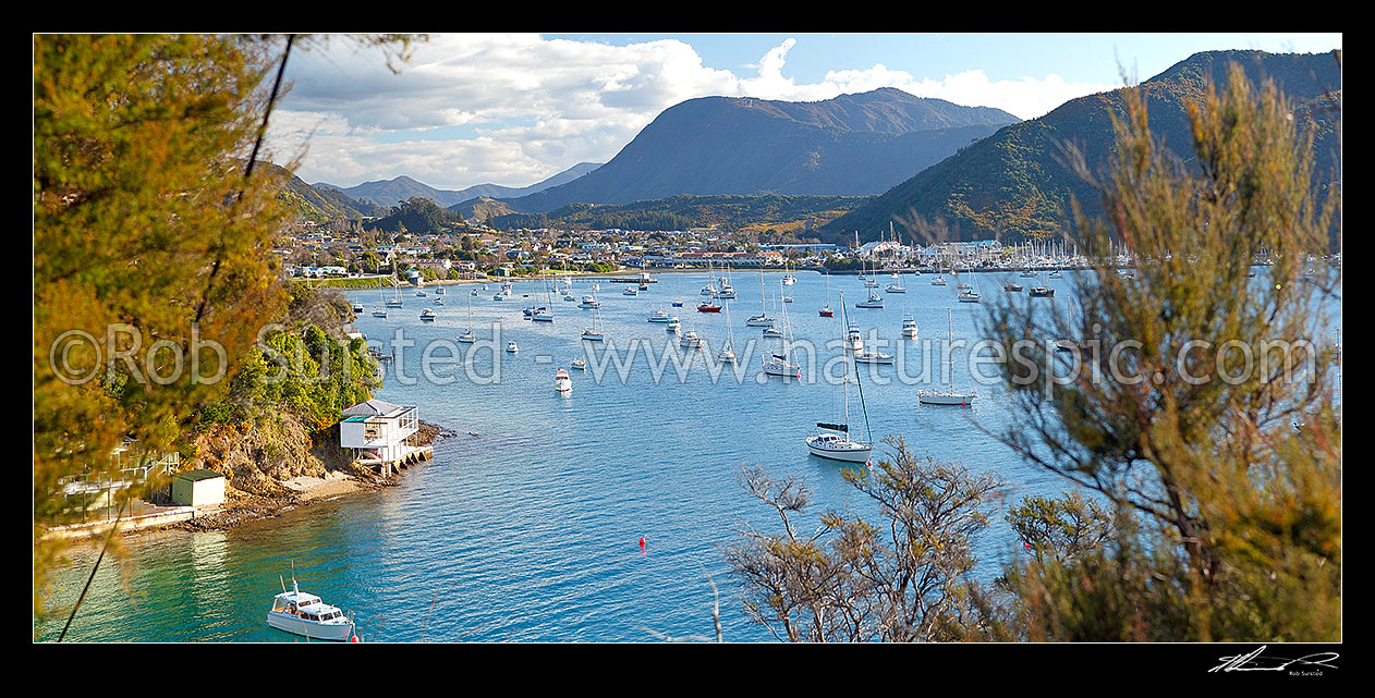 Image of Waikawa Bay with yachts and marina, Marlborough Sounds near Picton. Panorama, Waikawa Bay, Marlborough District, Marlborough Region, New Zealand (NZ) stock photo image