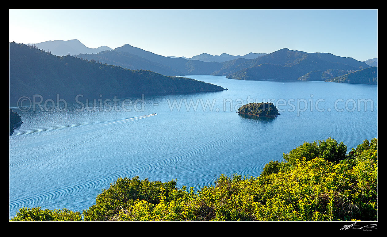 Image of Queen Charlotte Sound in the Marlborough Sounds. Wedge Point, Grove Arm and Mabel Island centre, with powerboat heading out from Picton. Panorama, Picton, Marlborough Sounds, Marlborough District, Marlborough Region, New Zealand (NZ) stock photo image