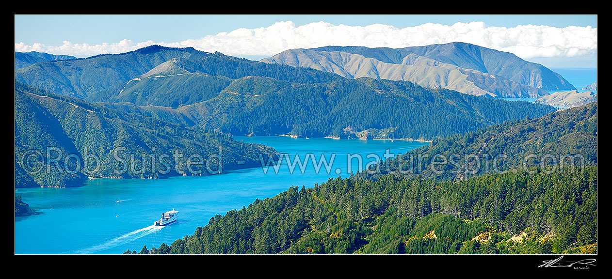 Image of Tory Channel with the Interislander ferry Kaitiaki heading for Cook Strait. Arapawa Island left. Panorama, Marlborough Sounds, Marlborough District, Marlborough Region, New Zealand (NZ) stock photo image