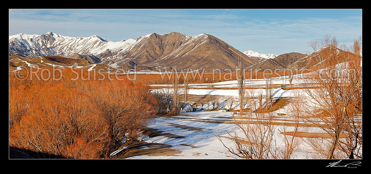 Image of Molesworth Cob cottage Homestead, historic building in the Awatere River valley. Built in 1866 as the original Molesworth Homestead building. Panorama, Molesworth Station, Marlborough District, Marlborough Region, New Zealand (NZ) stock photo image