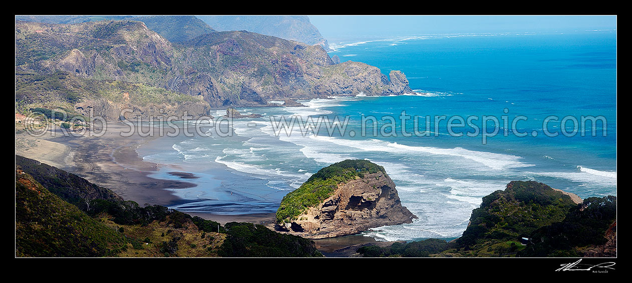 Image of Bethells Beach panorama with Ihumoana Island (centre), and Pukekowhai Point behind. Whatipu beach distant. Waitakere Te Henga walkway panorama, Bethells Beach, West Auckland, Waitakere City District, Auckland Region, New Zealand (NZ) stock photo image