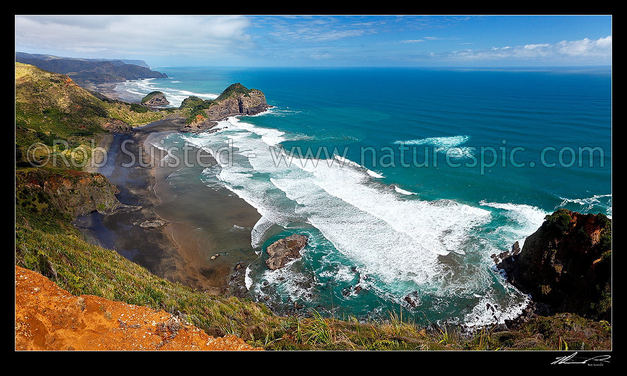 Image of O'Neill Bay below the Waitakere Ranges Te Henga Walkway. Bethells Beach distant behind Erangi Point and Ihumoana Island. Panorama, Bethells Beach, West Auckland, Waitakere City District, Auckland Region, New Zealand (NZ) stock photo image